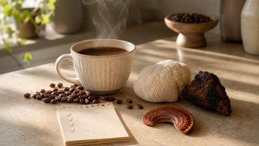 Functional coffee cup with lion's mane chaga and reishi beside a morning checklist