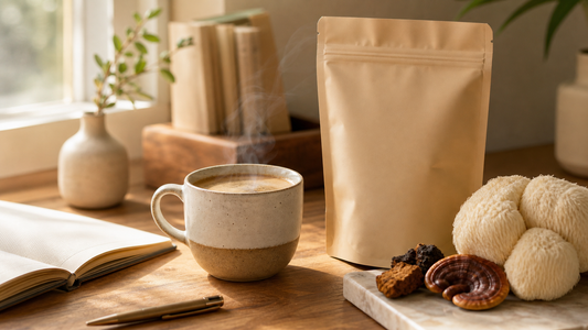 Cup of lion's mane mushroom coffee with functional mushrooms on a warm morning desk