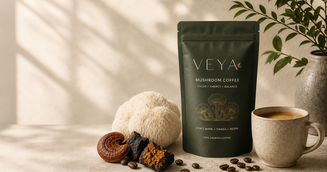 Veya mushroom coffee pouch with a cup of coffee and functional mushrooms
