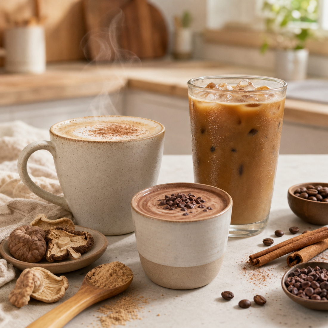 Three mushroom coffee recipes with hot latte iced coffee and mocha on a warm kitchen counter