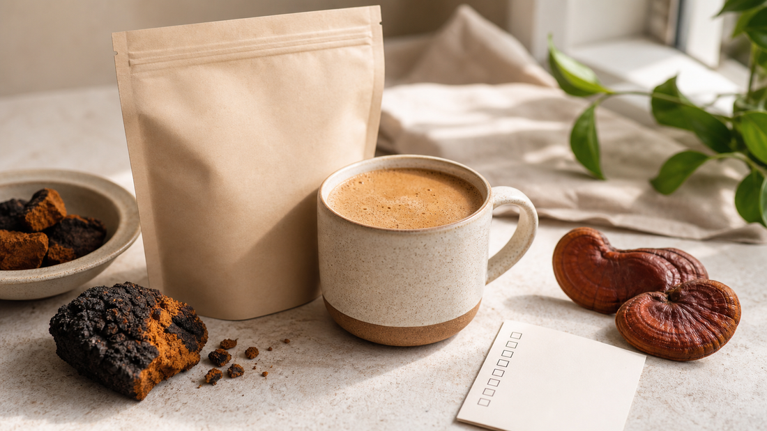 Cup of mushroom coffee with chaga and reishi beside a simple morning checklist