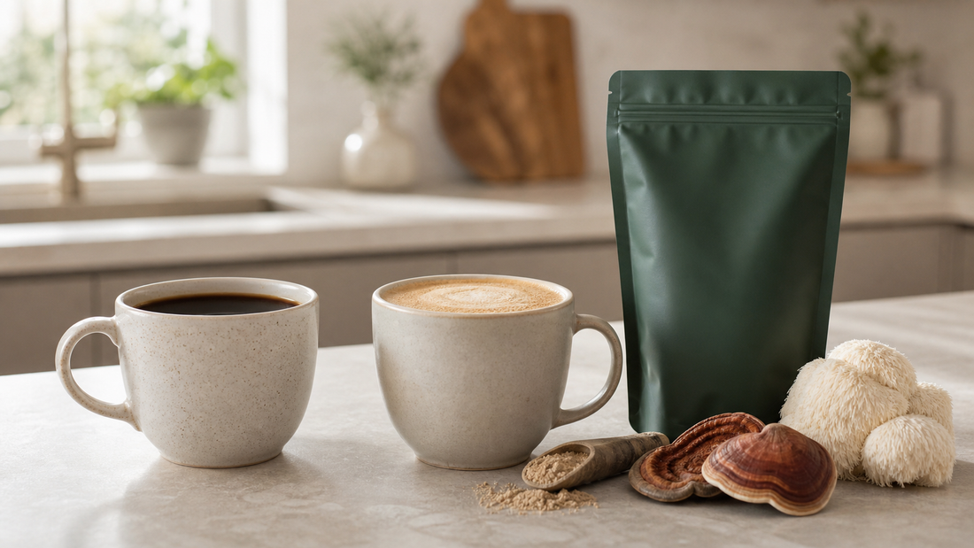 Mushroom coffee and regular coffee cups compared on a clean morning kitchen counter