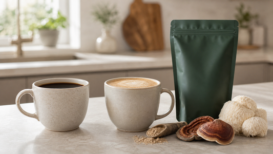 Mushroom coffee and regular coffee cups compared on a clean morning kitchen counter