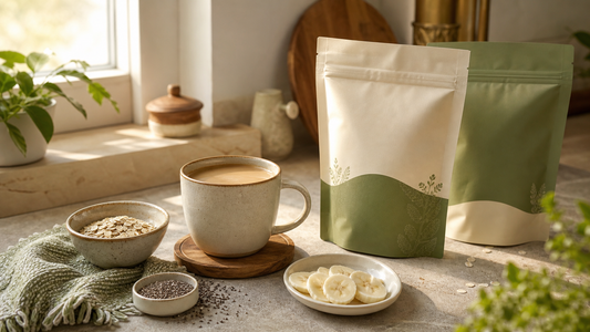 A simple Veya-inspired superfood morning routine with mushroom coffee, oats, fruit, and chia seeds