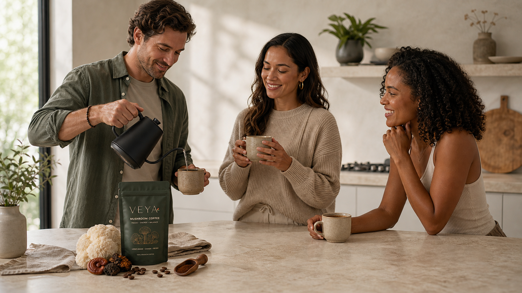Friends sharing Veya mushroom coffee in a bright kitchen