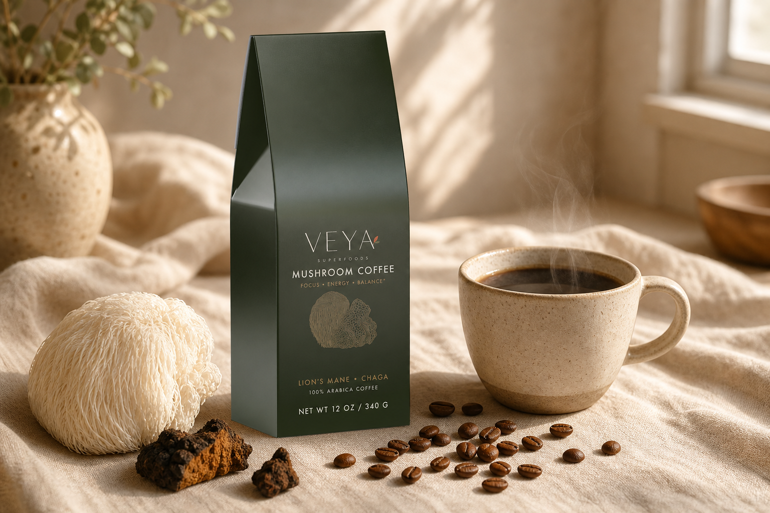 Veya Mushroom Coffee pouch with cup and functional mushrooms