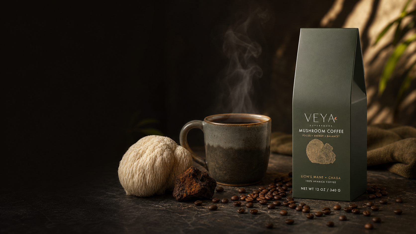 Veya Mushroom Coffee box with a steaming cup, lion's mane and chaga mushrooms