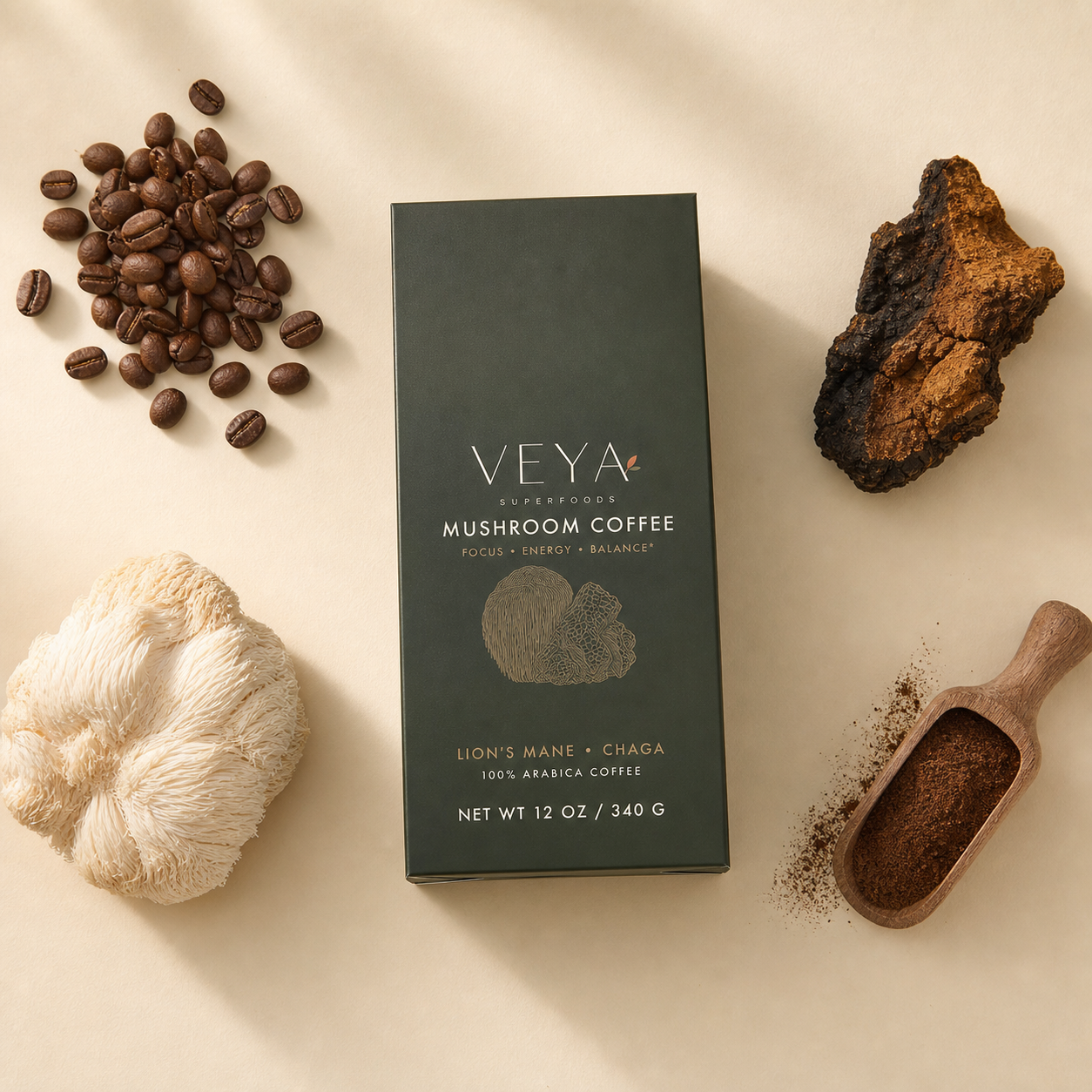 Top-down ingredient flatlay for Veya Mushroom Coffee