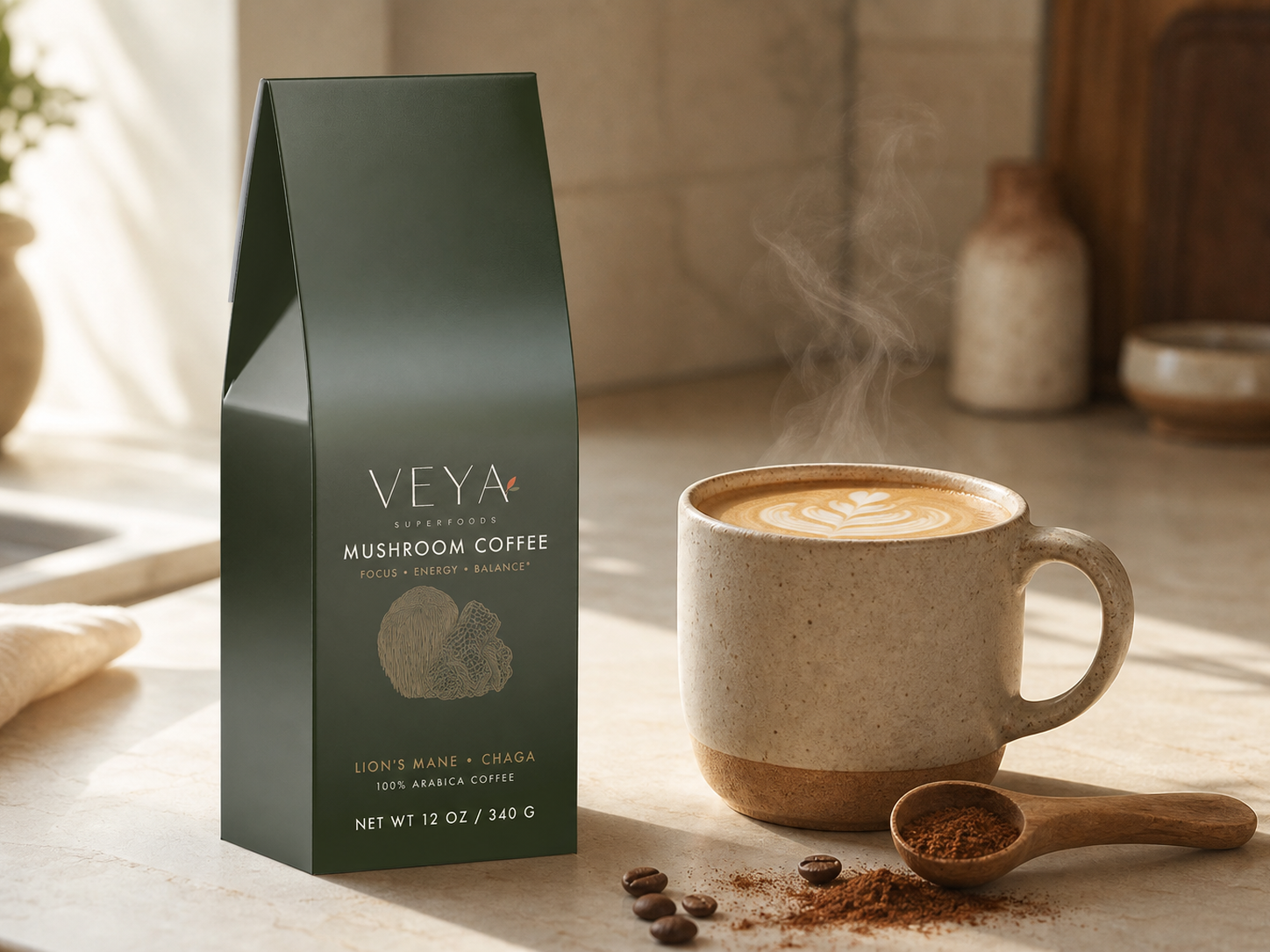 A Veya mushroom coffee ritual with cup, scoop, beans, and mushrooms