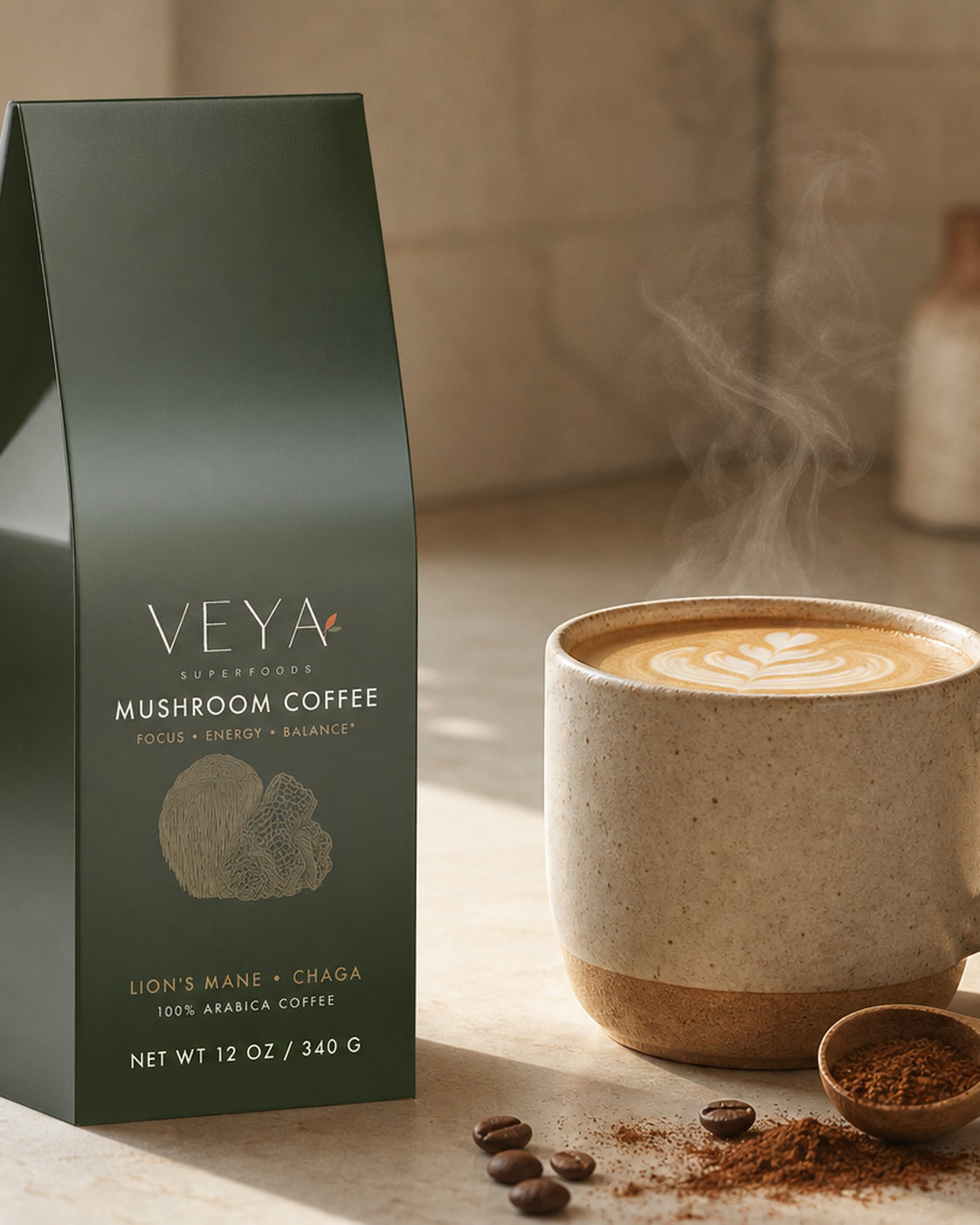 Mushroom coffee powder being poured into a ceramic mug