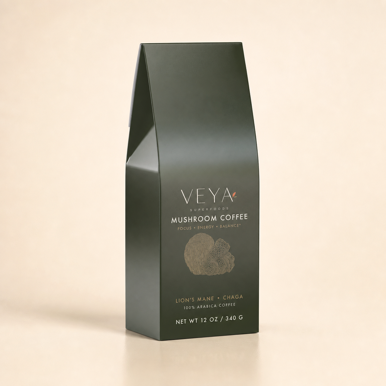 Three-quarter studio view of Veya Mushroom Coffee pouch with ingredients